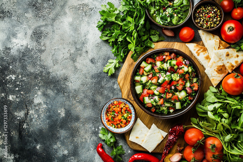 Middle Eastern or Arabic cuisine with a variety of mezze on a rustic concrete backdrop Food that is Halal. Cuisine from Lebanon, Turkey, and Egypt, with mixed veggies and a gorgeous table top view photo