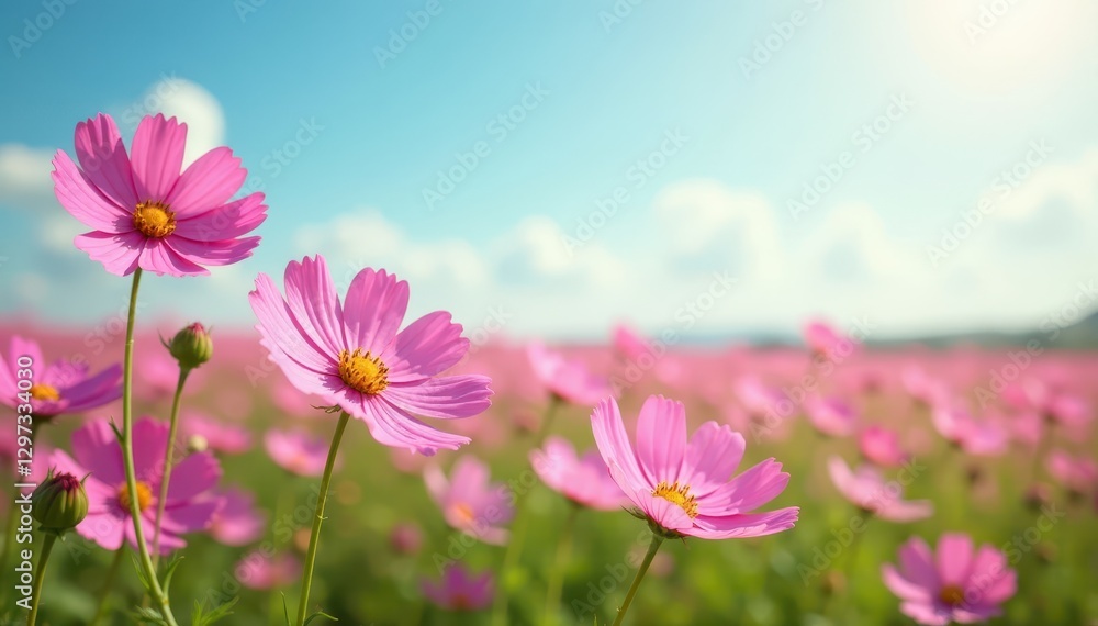 Pink cosmos flowers sway gently in a summer field , image, petals Pink cosmos flowers sway gently in a summer field , image, petals