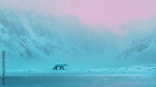 Solitary polar bear walking on frozen arctic landscape at dawn.