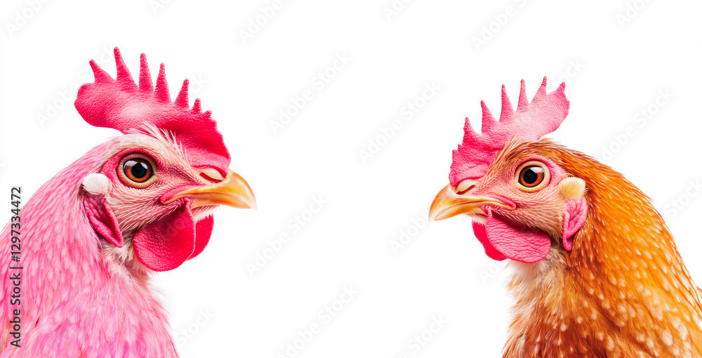 Naklejka premium chickens facing each other with detailed feathers, red combs, and wattles, ideal for farm themes, organic food marketing, and rural lifestyle photography