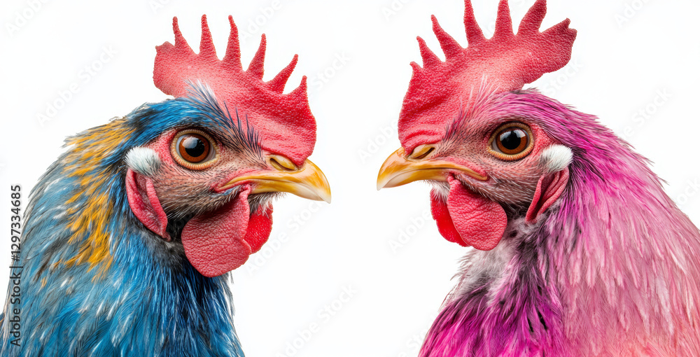 Fototapeta premium chickens facing each other with detailed feathers, red combs, and wattles, ideal for farm themes, organic food marketing, and rural lifestyle photography