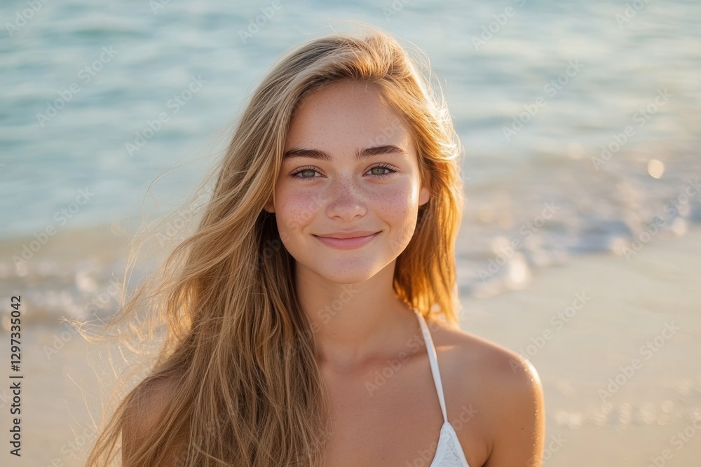 Woman smiles on beach at sunset, portrait, possible stock Woman smiles on beach at sunset, portrait, possible stock