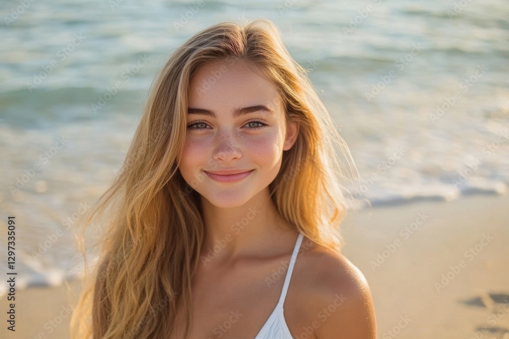 Smiling girl on beach shore. Beautiful portrait Smiling girl on beach shore. Beautiful portrait