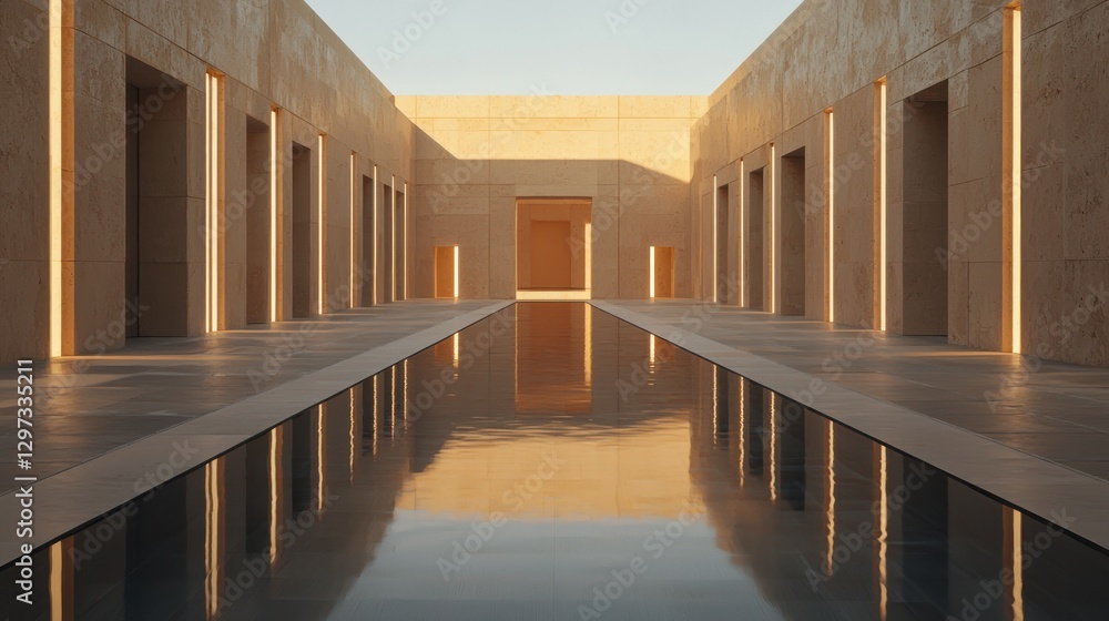 Fototapeta premium Minimalist beige architecture with reflecting pool.