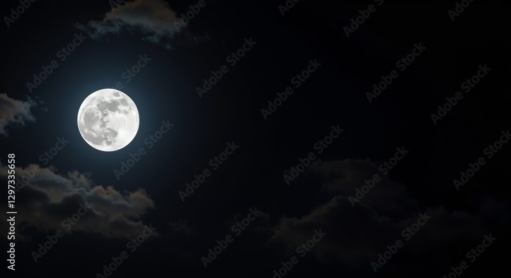 Bright full moon illuminating a dark night sky with soft clouds creating a mysterious atmosphere Bright full moon illuminating a dark night sky with soft clouds creating a mysterious atmosphere