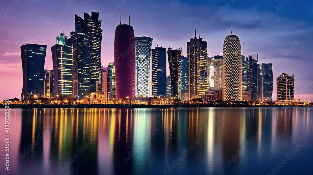Panoramic View of a Modern City Skyline with Towering Skyscrapers Reflecting in Calm Waters at Twilight under a Blue and Pink Sky with Bright City Lights Creating a Stunning Urban Landscape at Night Panoramic View of a Modern City Skyline with Towering Skyscrapers Reflecting in Calm Waters at Twilight under a Blue and Pink Sky with Bright City Lights Creating a Stunning Urban Landscape at Night