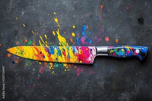 Vibrant paint splattered chef knife on dark grungy background