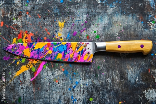 Colorful painted knife on splattered wooden surface with vibrant artistic design