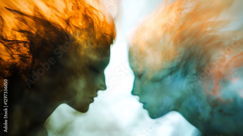 Ethereal figures with blue and red wings facing each other in a surreal abstract glow