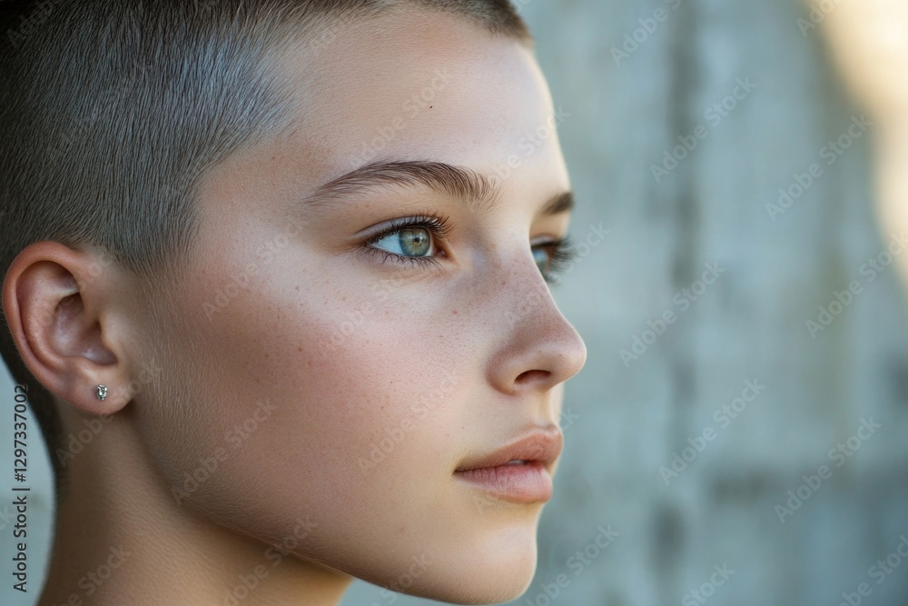 Close-up of young caucasian female with short hair and freckles against a concrete wall Close-up of young caucasian female with short hair and freckles against a concrete wall
