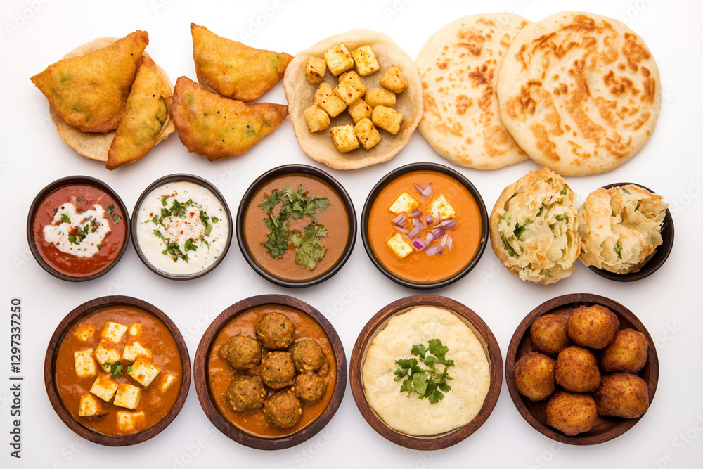 Set of all Indian Desi foods, top view. Asian cuisines set, top view. All Indian traditional Foods collection. Paneer curry, samosa, kofta, omelet, chole bhature, garlic naan, chole, fried rolls Set of all Indian Desi foods, top view. Asian cuisines set, top view. All Indian traditional Foods collection. Paneer curry, samosa, kofta, omelet, chole bhature, garlic naan, chole, fried rolls