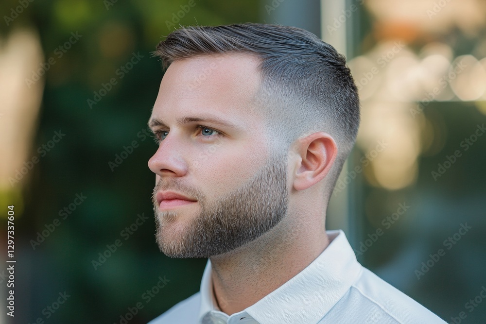 Profile of caucasian male young adult with stylish beard and short haircut outdoors Profile of caucasian male young adult with stylish beard and short haircut outdoors