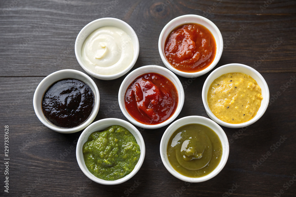 Assorted dipping sauces in white bowls on dark wooden table, variety of condiments including ketchup, mustard, barbecue, and green sauces Assorted dipping sauces in white bowls on dark wooden table, variety of condiments including ketchup, mustard, barbecue, and green sauces