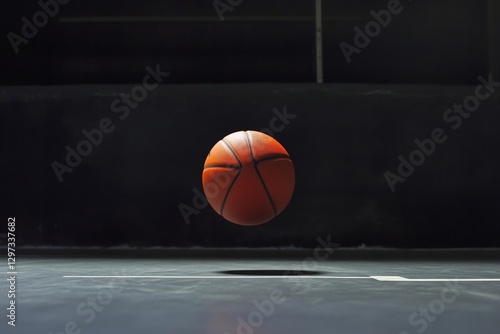Basketball hovering in mid-air on indoor court with dramatic lighting