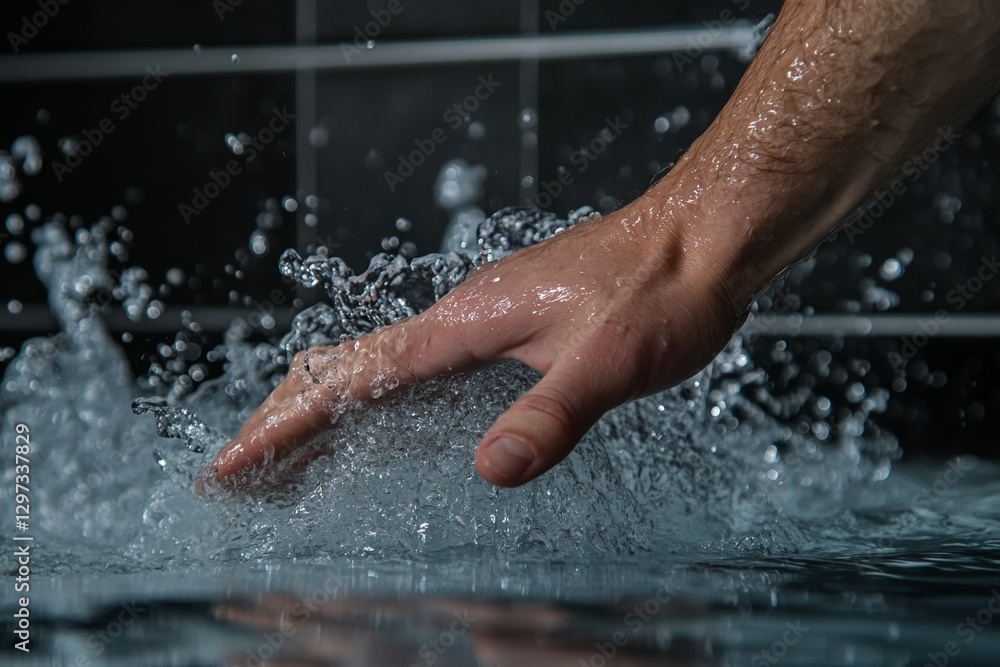 Fototapeta premium Male hand splashing water creating dynamic motion against dark background