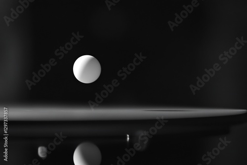 Floating white sphere in minimalist black and white abstract composition