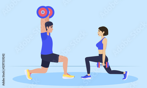 Man and woman lifting weights and exercising indoors