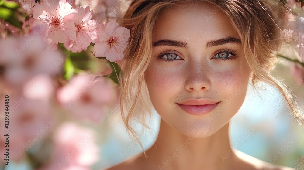 A joyful, attractive young lady in a park with flowers and trees A joyful, attractive young lady in a park with flowers and trees