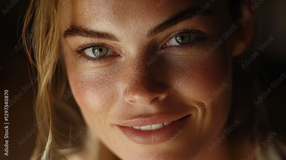 Close-up portrait of a young woman with freckles and a subtle smile. Close-up portrait of a young woman with freckles and a subtle smile.