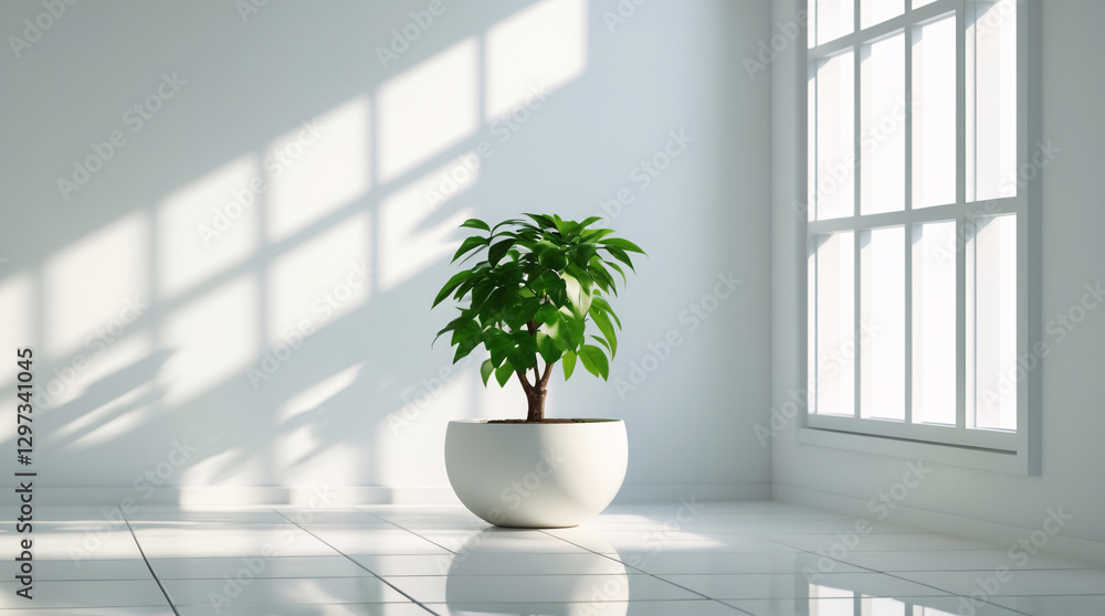 Fototapeta premium Inviting Indoor Space with a Lush Green Tree in a White Pot Placed in the Corner of a Clean White Room and Lit by Natural Sunlight Coming Through the Window interior Stock Photo