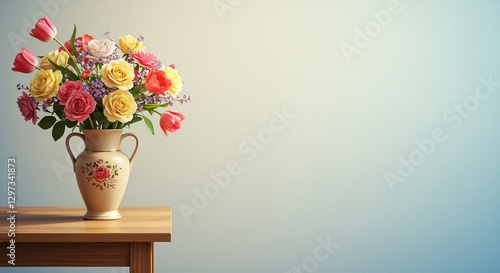Wallpaper Mural A vibrant bouquet of assorted roses and tulips in a decorative vase exuding warmth and elegance, resting on a wooden table against a soft pastel backdrop Torontodigital.ca