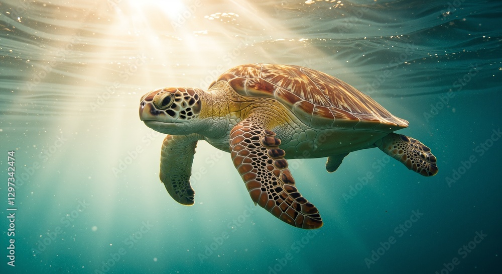 Fototapeta premium Majestic sea turtle swimming gracefully underwater surrounded by shimmering sunlight rays conveying a serene and vibrant aquatic atmosphere
