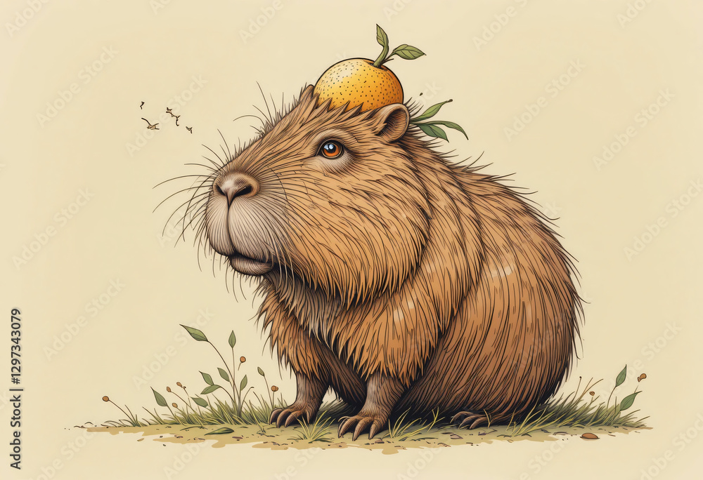 capybara illustration with fruit on head capybara illustration with fruit on head