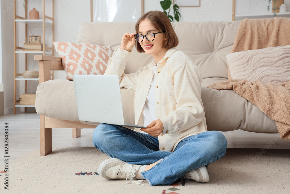 Beautiful young happy woman in new eyeglasses with laptop sitting on floor at home Beautiful young happy woman in new eyeglasses with laptop sitting on floor at home