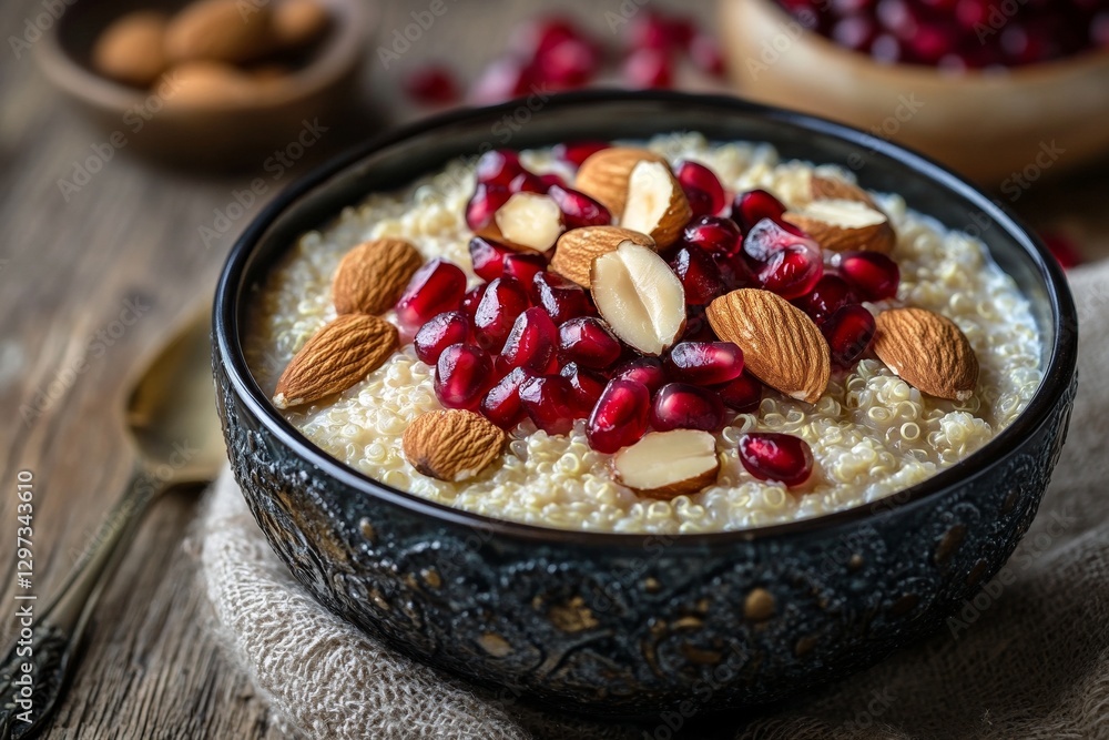 Quinoa breakfast bowl with pomegranate seeds and almonds in decorative ceramic dish Quinoa breakfast bowl with pomegranate seeds and almonds in decorative ceramic dish