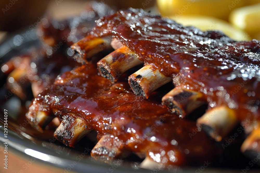Close-up of glazed barbecue ribs with thick sauce and lemon slices on a plate Close-up of glazed barbecue ribs with thick sauce and lemon slices on a plate