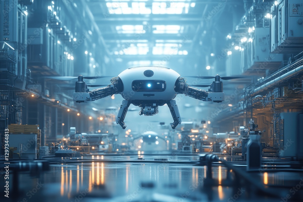 Fototapeta premium Futuristic Drone Soaring Through a Modern Factory