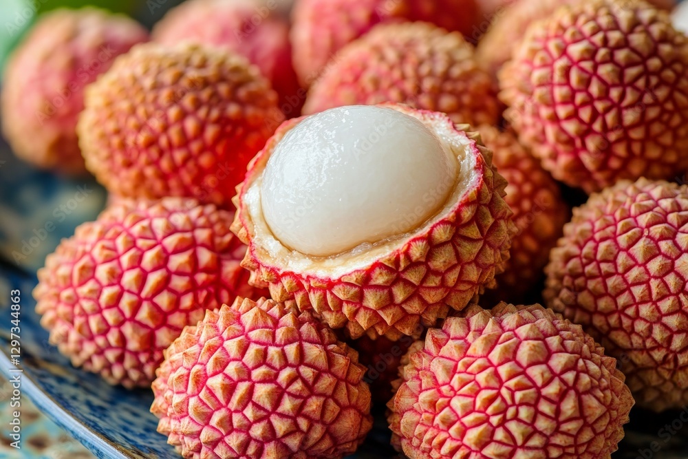 Fresh lychee fruits with peeling exposing juicy white flesh on a blue plate Fresh lychee fruits with peeling exposing juicy white flesh on a blue plate