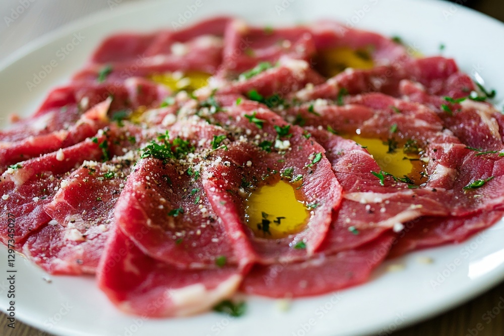 Obraz premium Thinly sliced beef carpaccio with olive oil and parsley on a white plate