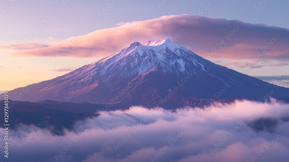 Fototapeta premium Majestic snow-capped mountain peak at sunset, shrouded in clouds.