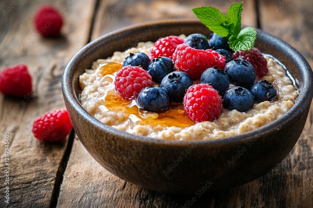 Delicious oatmeal bowl with blueberries, raspberries, and honey Delicious oatmeal bowl with blueberries, raspberries, and honey