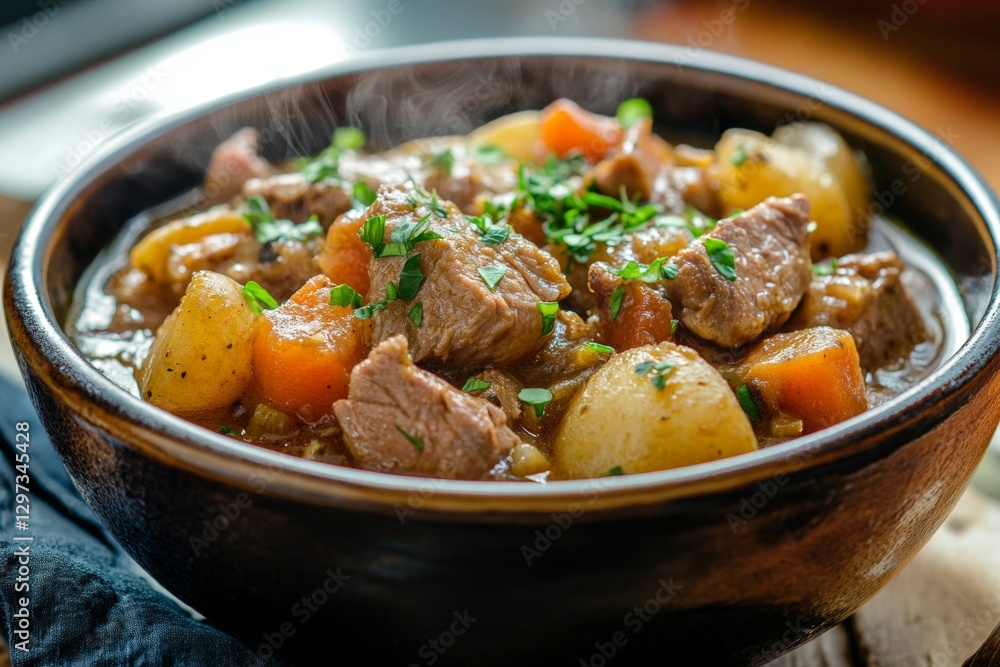 Hearty beef stew with potatoes and carrots in rustic bowl with herbs Hearty beef stew with potatoes and carrots in rustic bowl with herbs