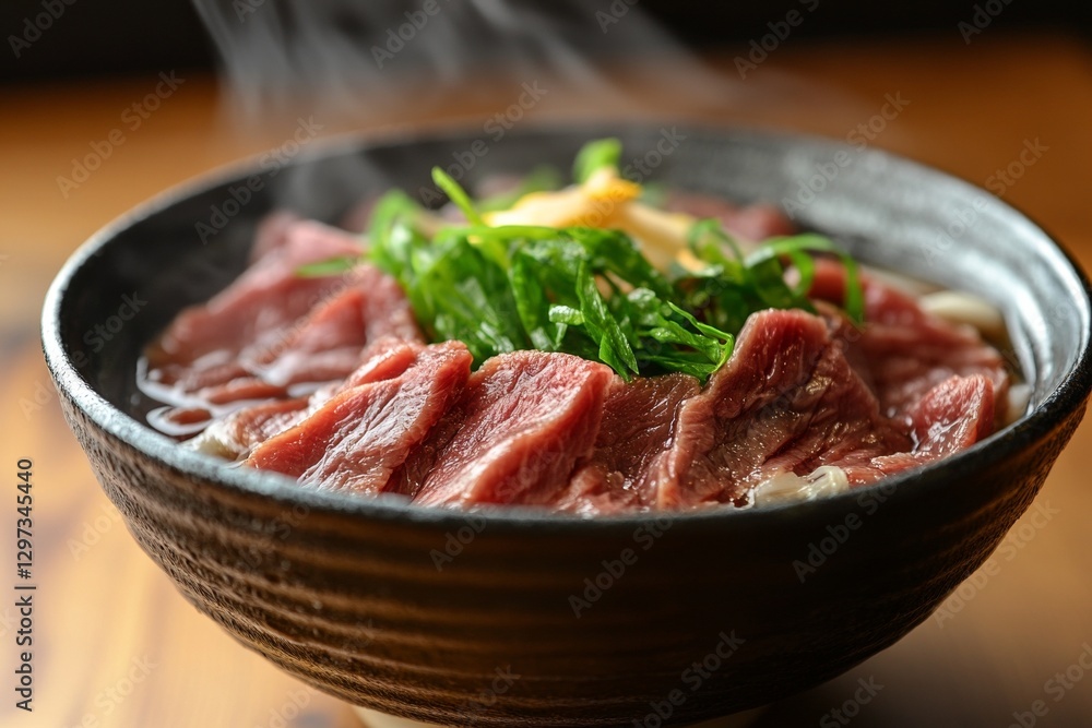 Delicious japanese beef ramen with steaming broth and fresh vegetables Delicious japanese beef ramen with steaming broth and fresh vegetables