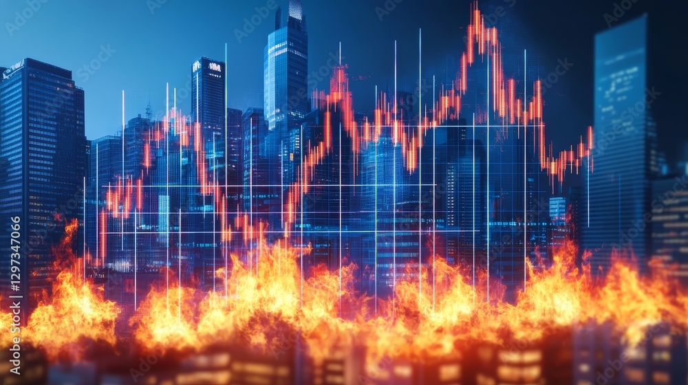 Stock market charts engulfed in flames, symbolizing financial disaster, economic crisis, a stock market crash, captured in a dramatic double exposure style to emphasize global instability and tension. Stock market charts engulfed in flames, symbolizing financial disaster, economic crisis, a stock market crash, captured in a dramatic double exposure style to emphasize global instability and tension.