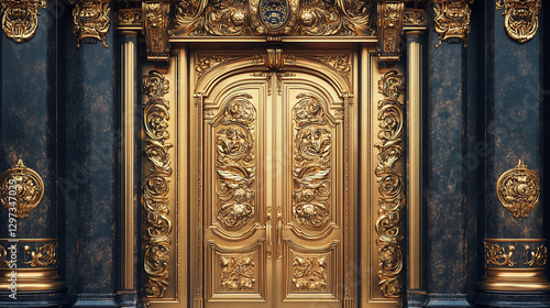 Grand ornate golden doors luxurious palace entrance architectural detail elegant environment front view opulence concept