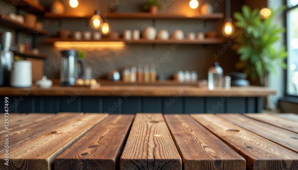 Rustic wooden tabletop, blurred cafe background, abstract, dark Rustic wooden tabletop, blurred cafe background, abstract, dark