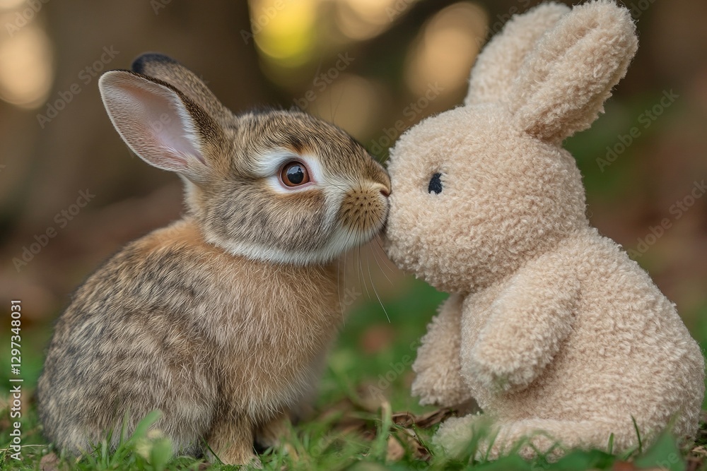 Obraz premium Adorable baby rabbit nuzzling fluffy toy bunny in natural setting