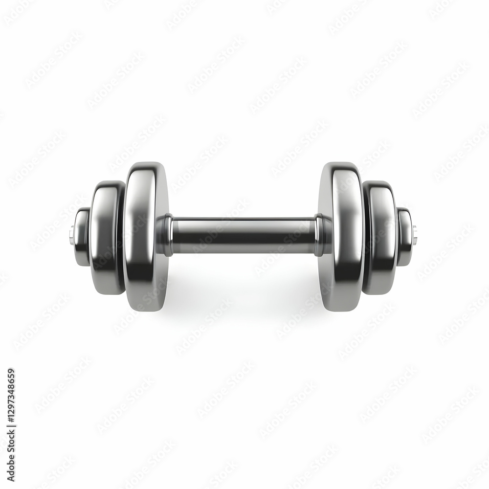 A shiny chrome dumbbell isolated against a stark white background A shiny chrome dumbbell isolated against a stark white background