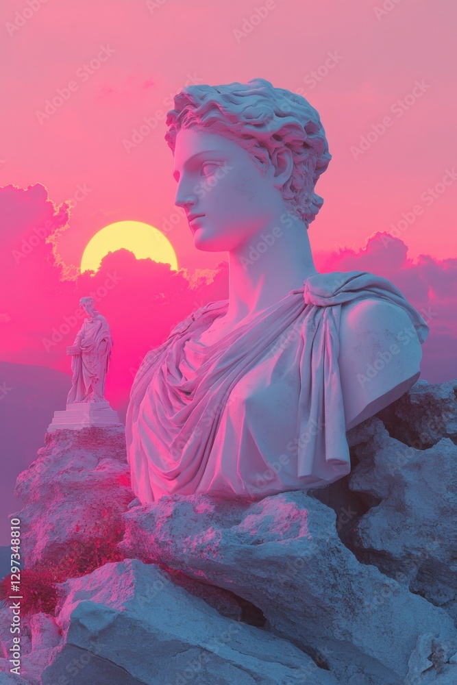Retro banner futuristic background. Stone statue looks over land. Bright sun sets behind. Sculpture stands tall. Cloudy colorful sky behind figures. Pink and purple hues on rocks. Retro banner futuristic background. Stone statue looks over land. Bright sun sets behind. Sculpture stands tall. Cloudy colorful sky behind figures. Pink and purple hues on rocks.