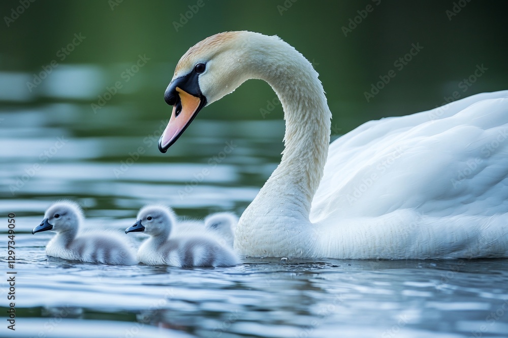 Obraz premium Graceful swan with fluffy cygnets swimming in serene lake