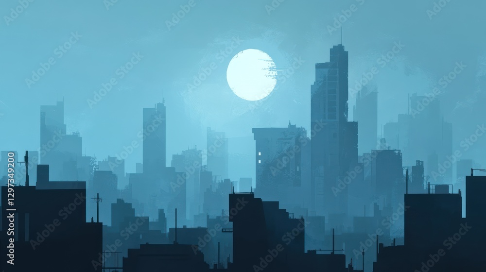 Obraz premium Cityscape at night, futuristic, moonlit, urban
