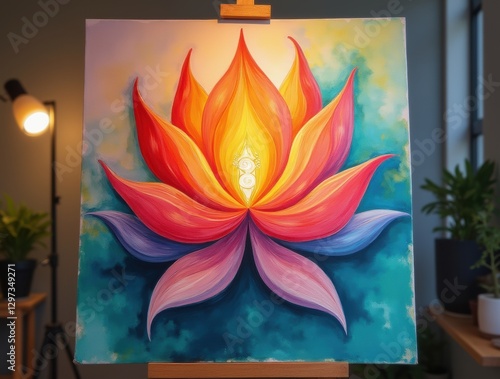 Modern art with fertility symbols like lotus flowers and spirals, painted in vibrant colors on canvas, contemporary style, with studio lighting for an artistic feel. photo