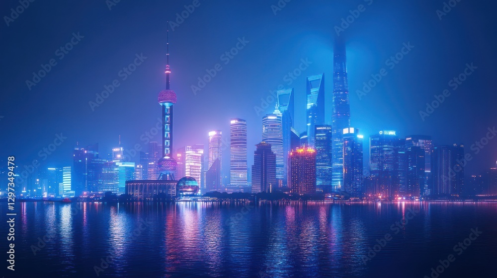 Obraz premium Night cityscape, Shanghai, vibrant lights, reflected buildings, scenic view
