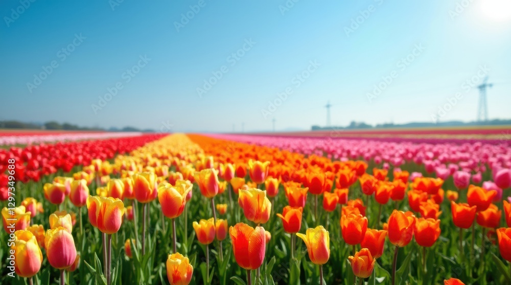 Bright tulip fields with colorful rows under a blue sky, capturing the essence of a spring festival. Bright tulip fields with colorful rows under a blue sky, capturing the essence of a spring festival.