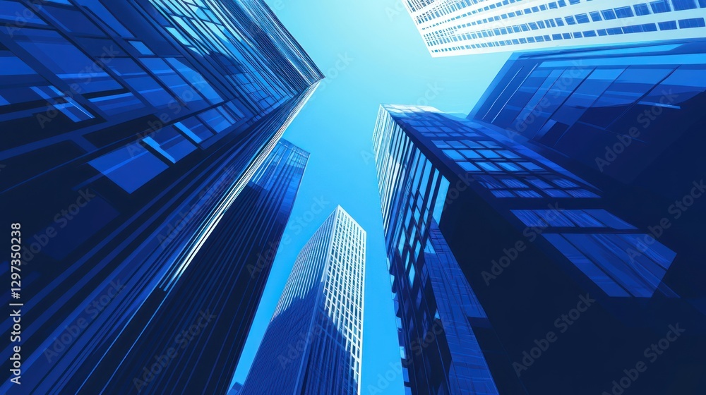 Fototapeta premium City skyline viewed from below, modern buildings, clear sky, urban scene, architectural perspective, suitable for stock photography