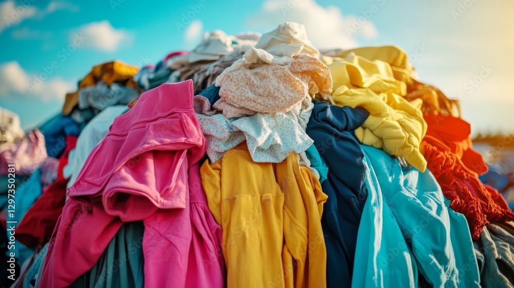A massive pile of discarded fast fashion clothing in bright colors at an industrial waste treatment site, symbolizing textile waste and environmental concerns, set against a dramatic sunset sky A massive pile of discarded fast fashion clothing in bright colors at an industrial waste treatment site, symbolizing textile waste and environmental concerns, set against a dramatic sunset sky